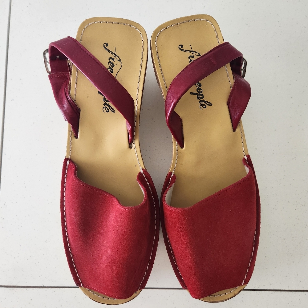 Free People Red Suede Buckle Wedges